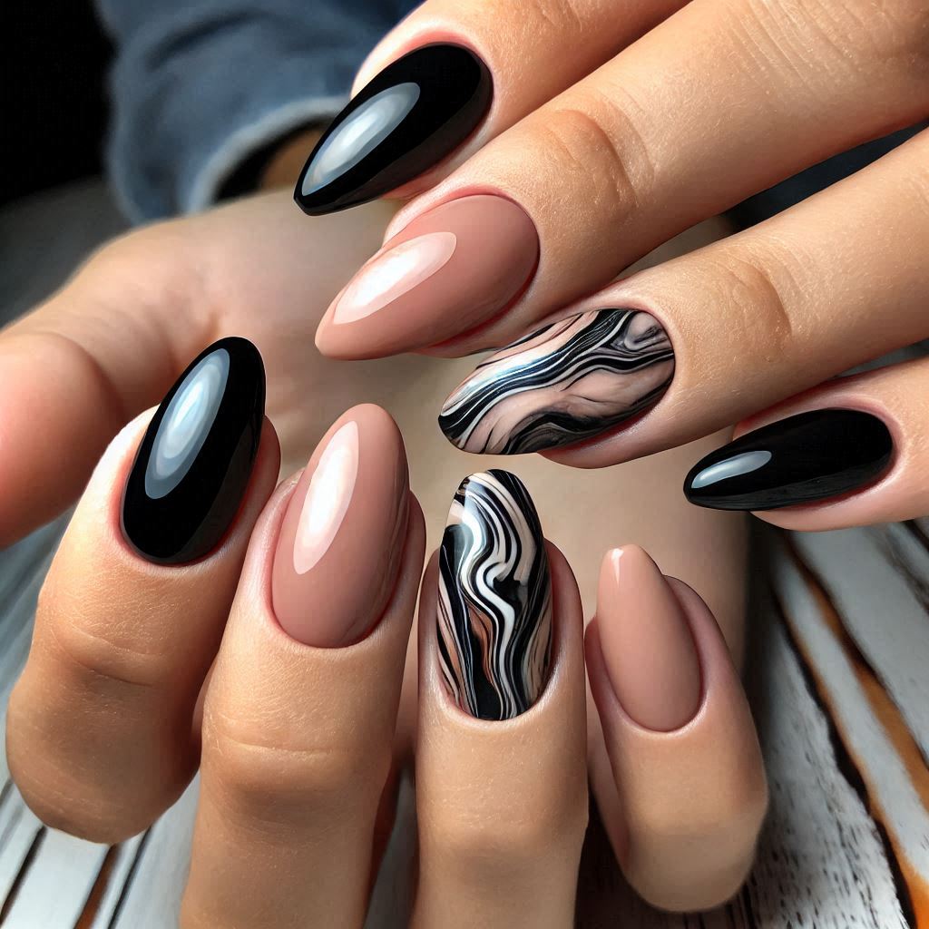 Black and Nude Marble Design on Almond Nails