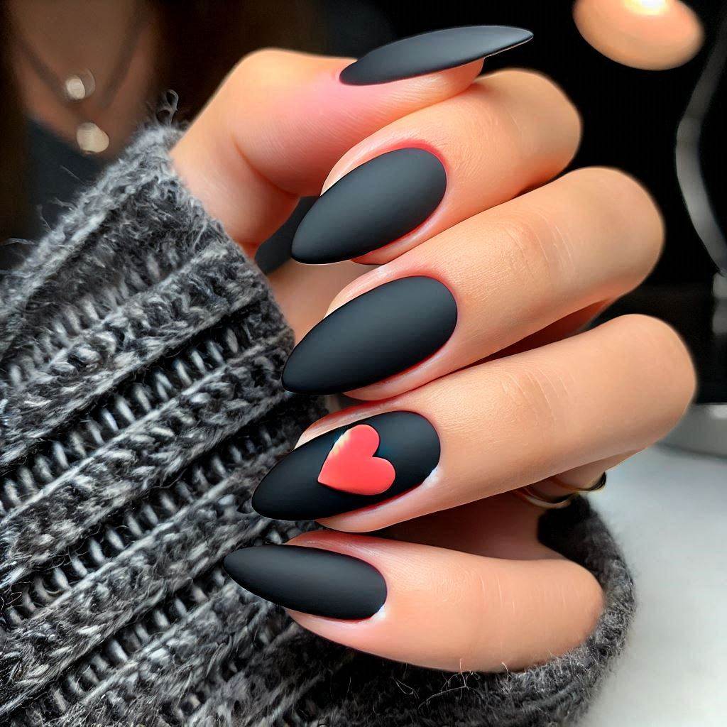 Matte Black Almond Nails with Red Heart Accent