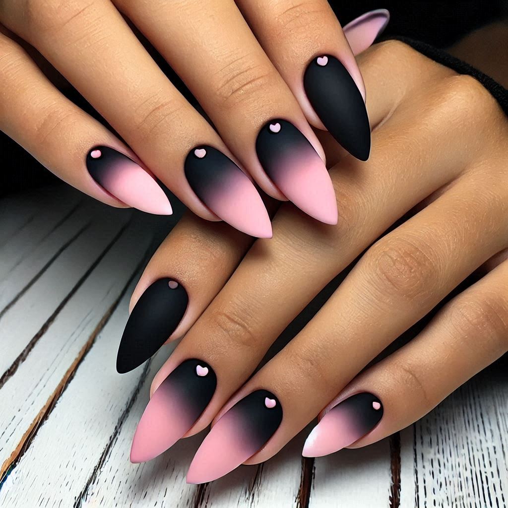 Black and Pink Ombre Matte Almond Nails