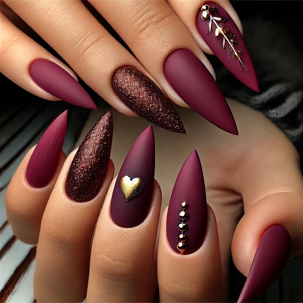 Matte Burgundy Almond Nails
