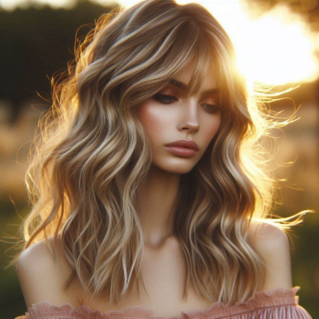 Wavy Collarbone-Length Blonde with Side-Swept Bangs