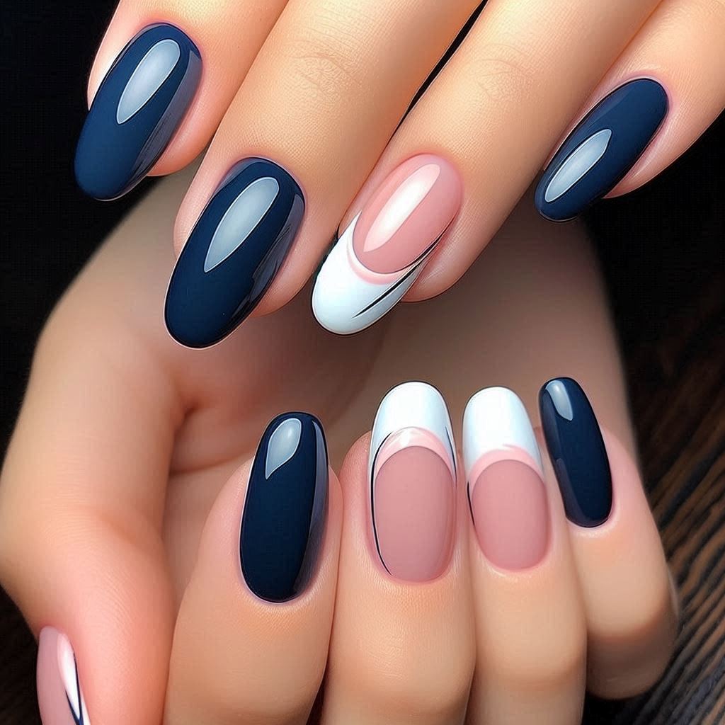 Navy Blue with Pink and White French Tips