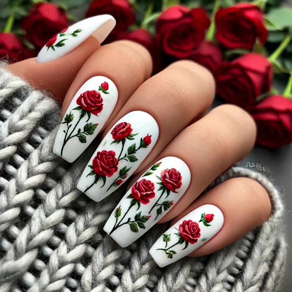 Simple Red Roses on White Nails