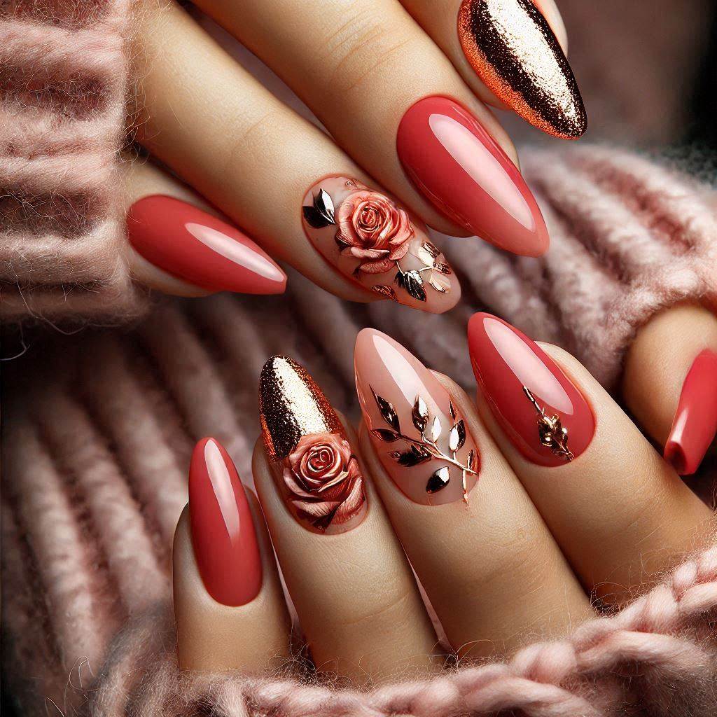 Red almond nails with rose gold foil