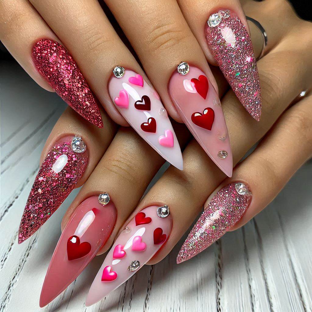 Valentine’s Day almond-shaped acrylics with glitter