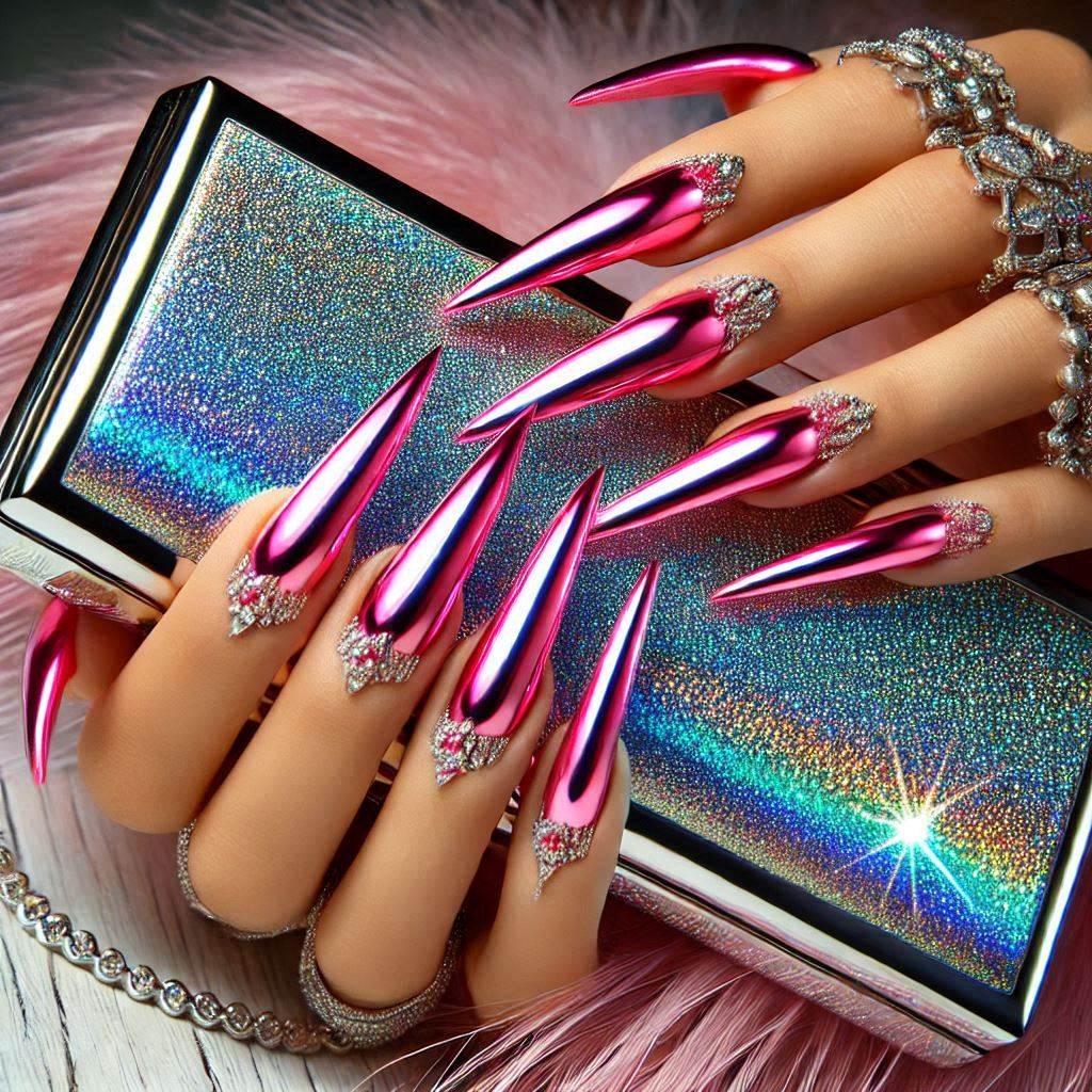 Pink Chrome Stiletto Nails