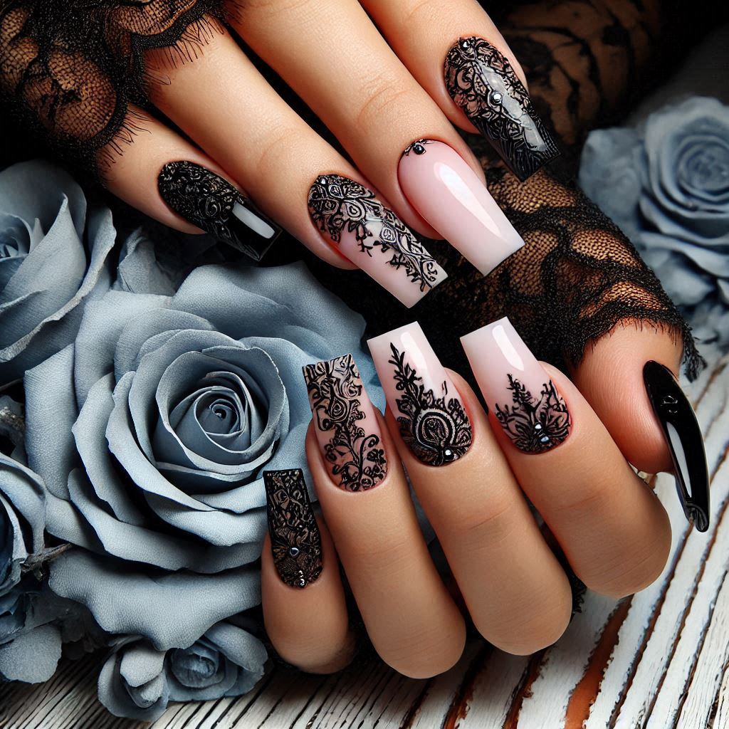 Acrylic Square Nails with Black Lace Pattern