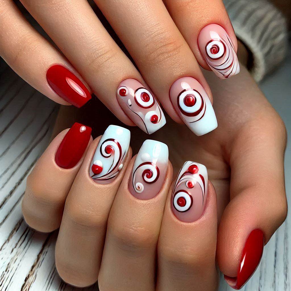 Step-by-step red and white swirls