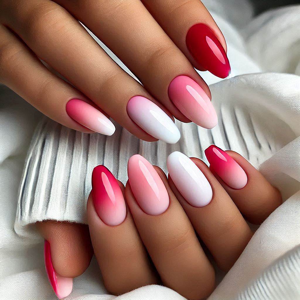 Red Pink and White Gradient Nails