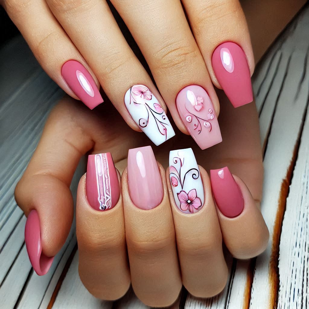 Trendy Pink and White Abstract Nails