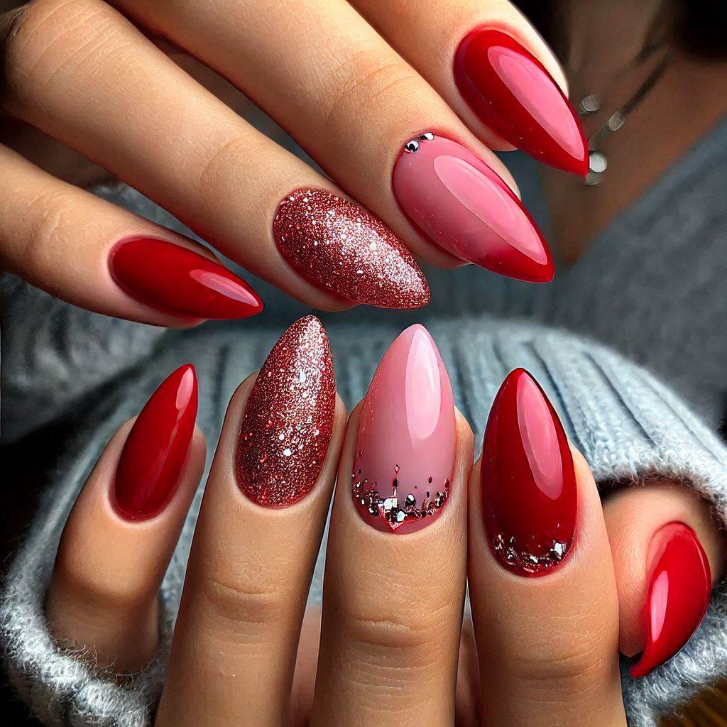 DIY Red Almond Nails with Glitter