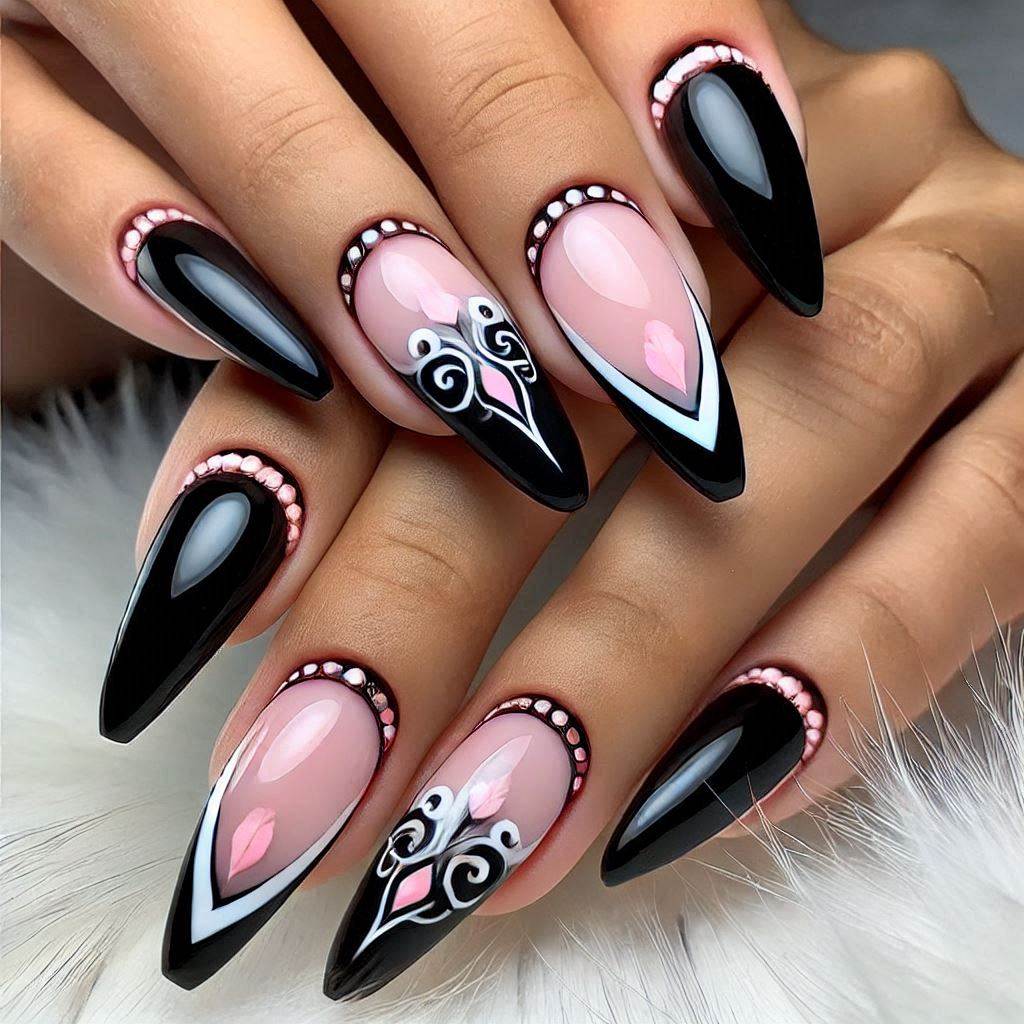 Black French Tip with Pink and White Accents