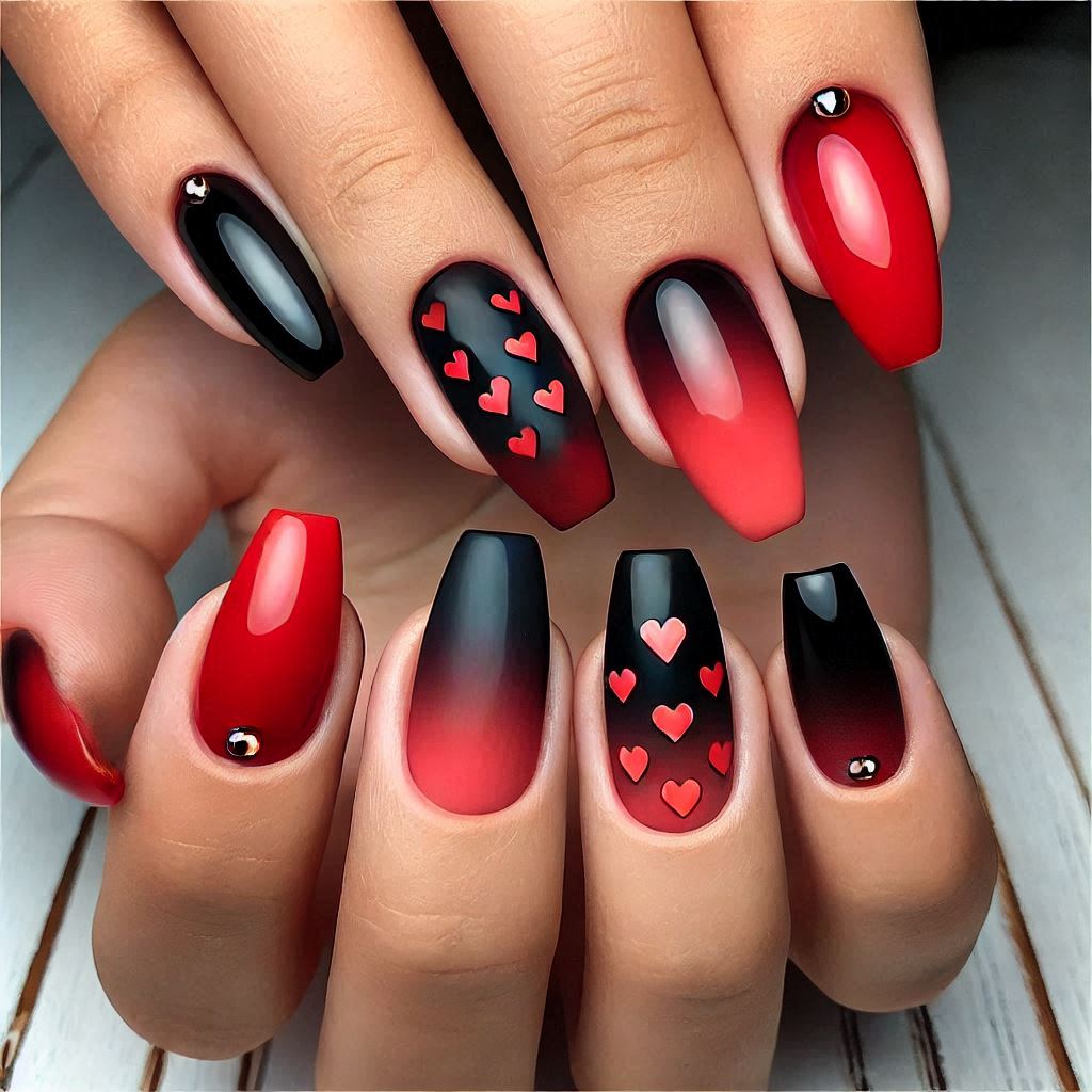 Red and Black Gradient Nails with Heart Pattern