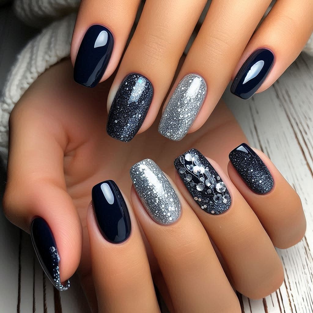 Navy Blue Nails with Silver Glitter Accents