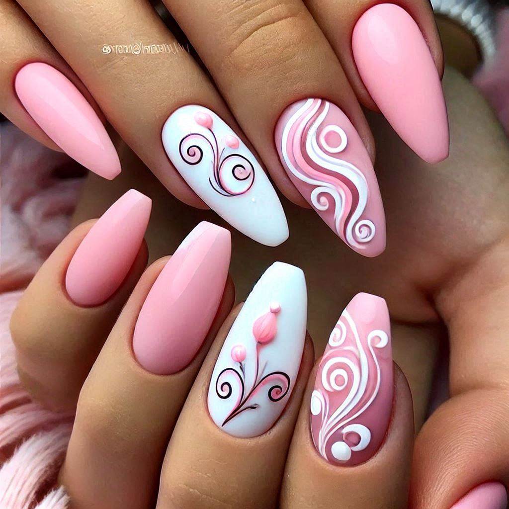 Cute White and Pink Swirl Nails