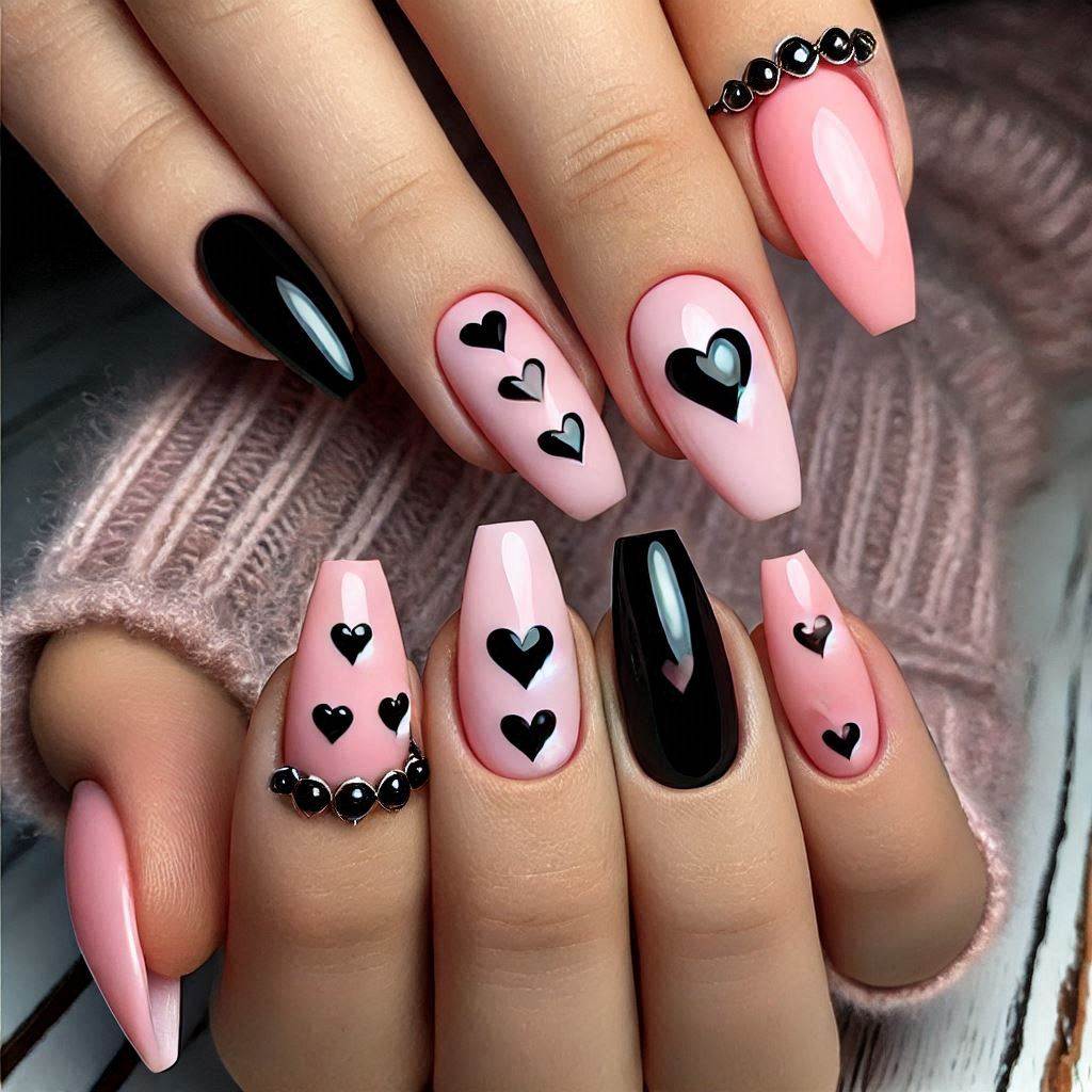 Pastel goth nails with pink and black hearts