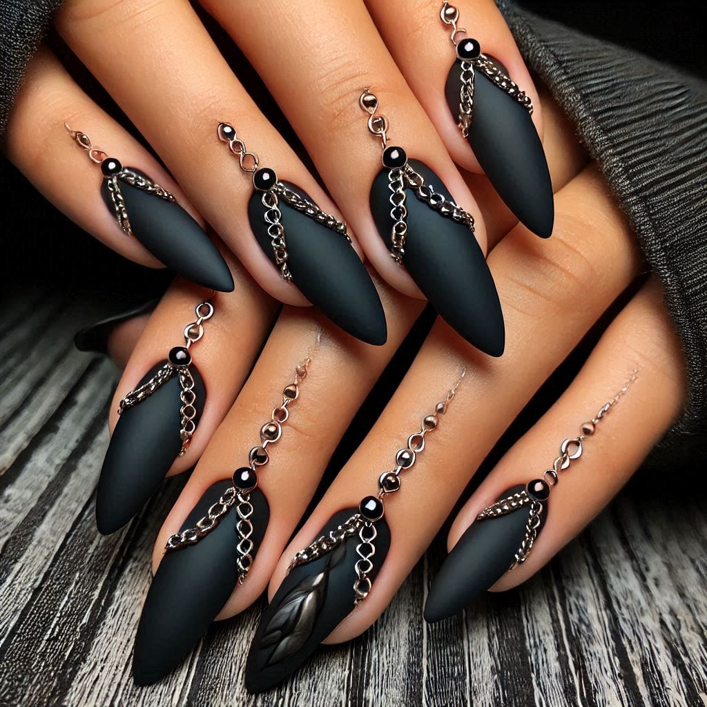 Matte Black Almond Nails with Silver Chains