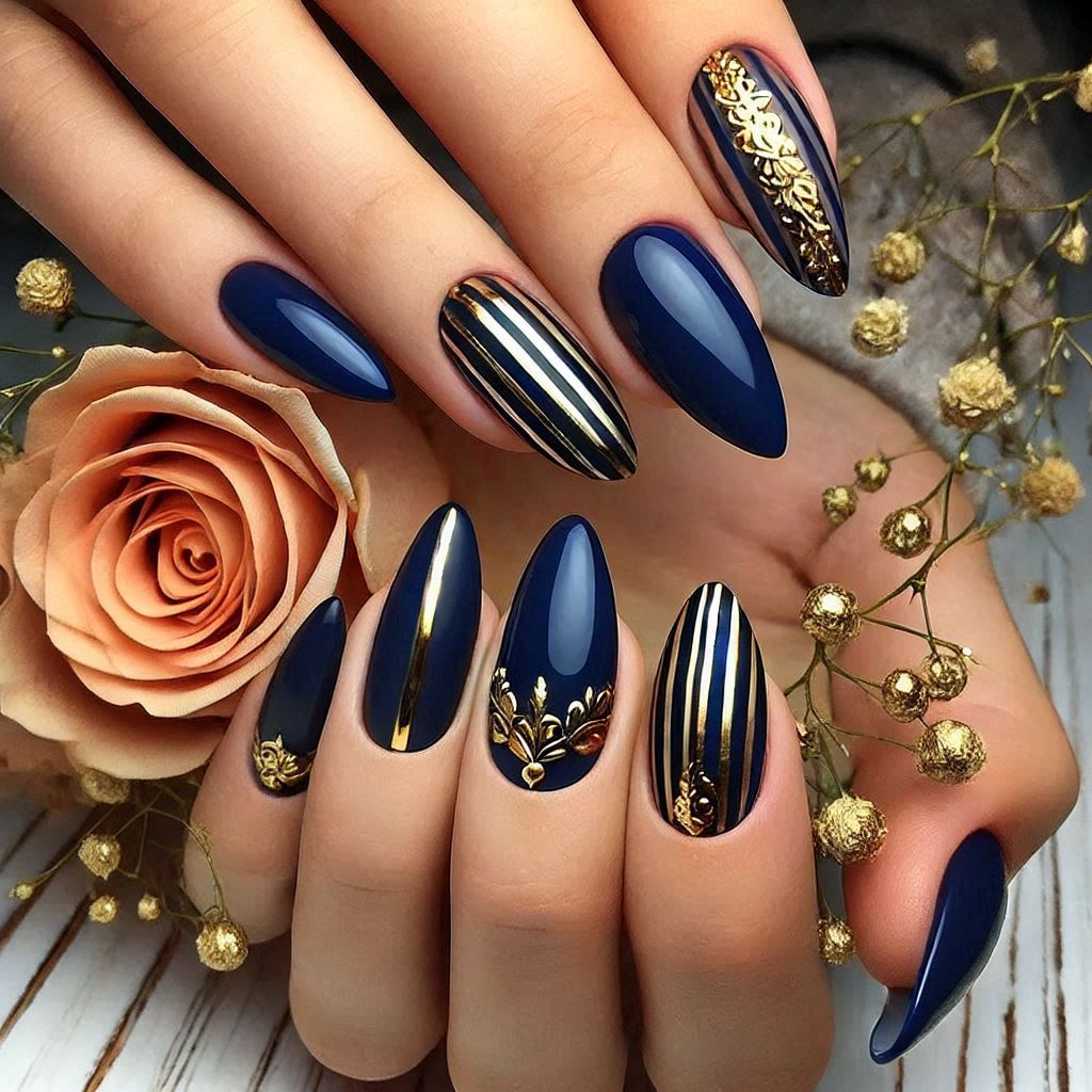 Almond Navy Blue with Gold Stripes