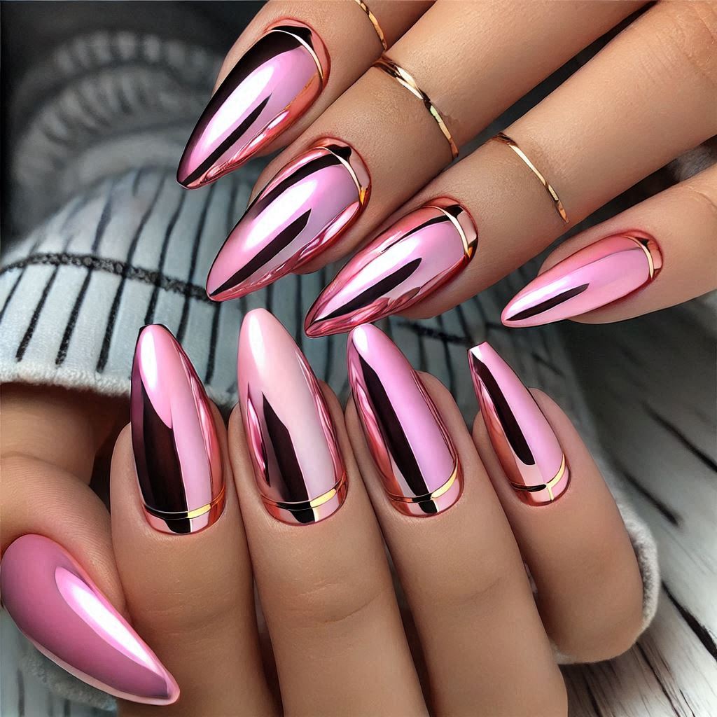 Pink Chrome and Gold Accent Nails