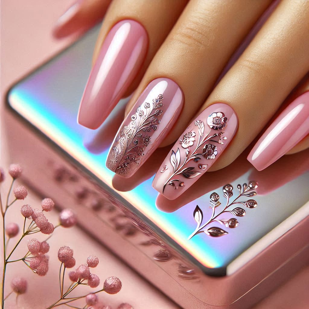 Floral Pink Chrome Nails