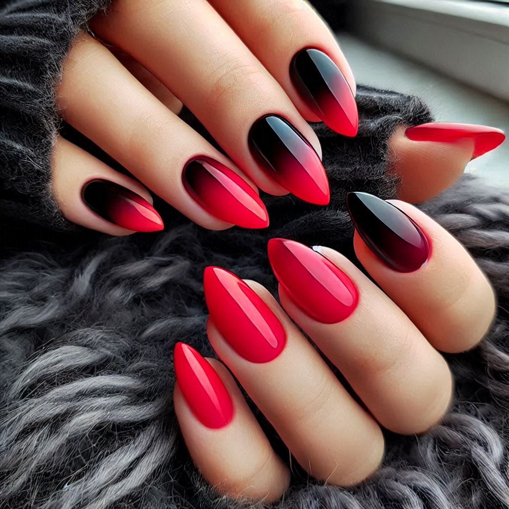 Red and Black Ombre Almond Nails