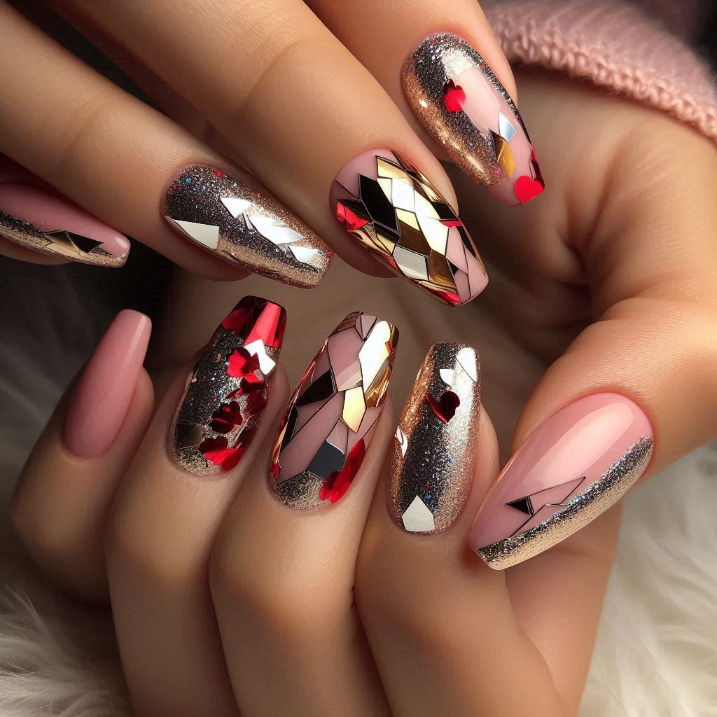 Shattered Glass Valentine Nails