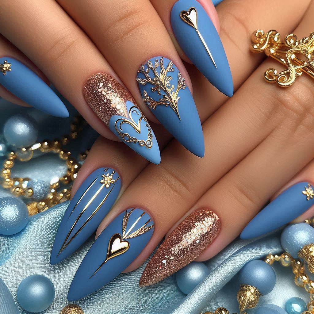 Royal Blue Almond Nails with Gold Accents