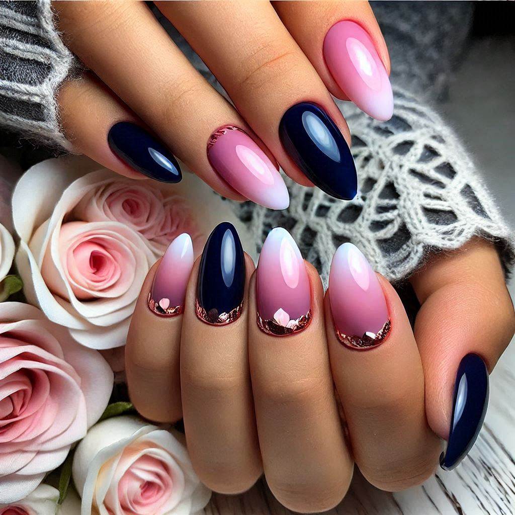 Almond Navy Blue Nails with Pink Ombre Tips