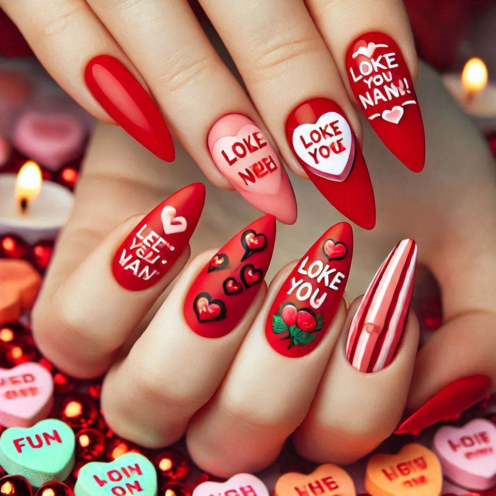 Red Acrylic Nails with Cute Candy Heart Quotes