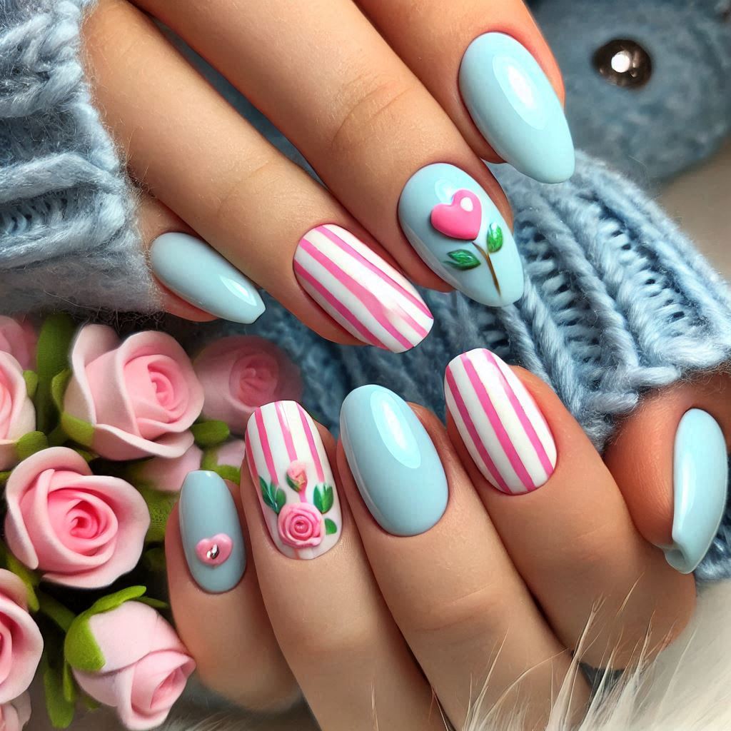 Simple light blue nails with pink and white stripes