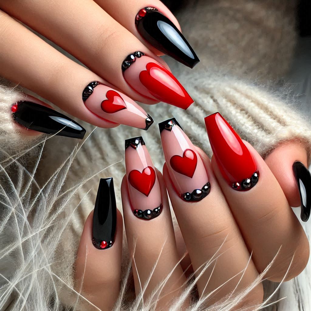 Red Heart Acrylic Nails with Black Tips