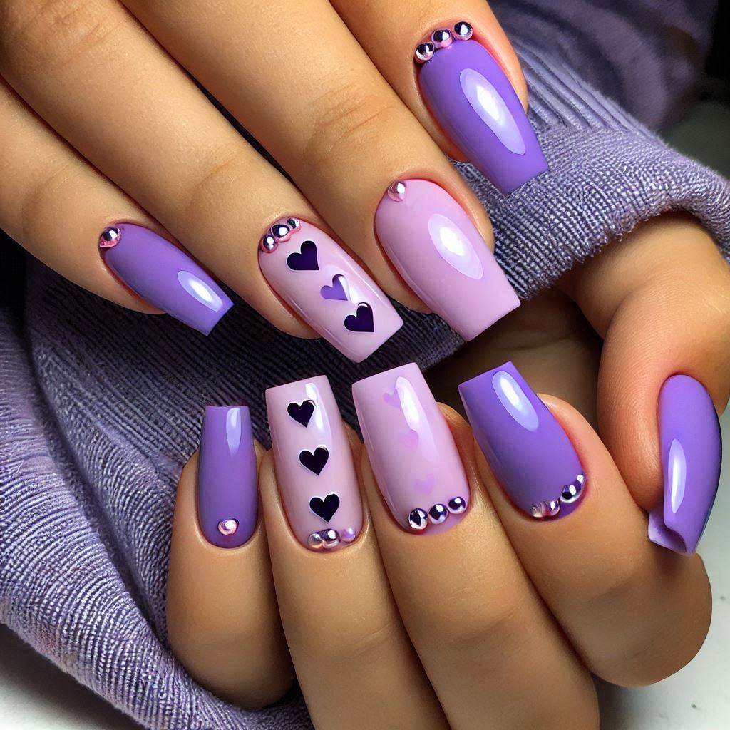 Purple gel nails with heart accents