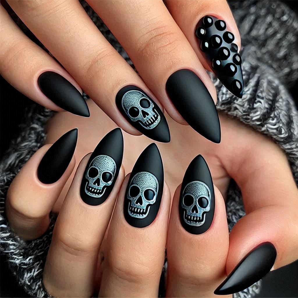 Gothic Black Almond Nails with Skull Detailing