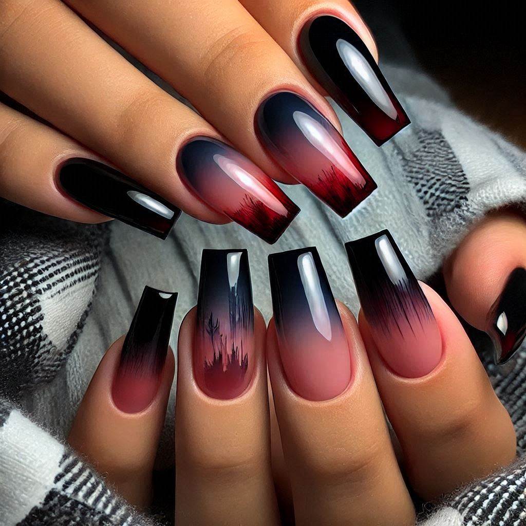 Acrylic Square Nails with Black and Red Ombre Design