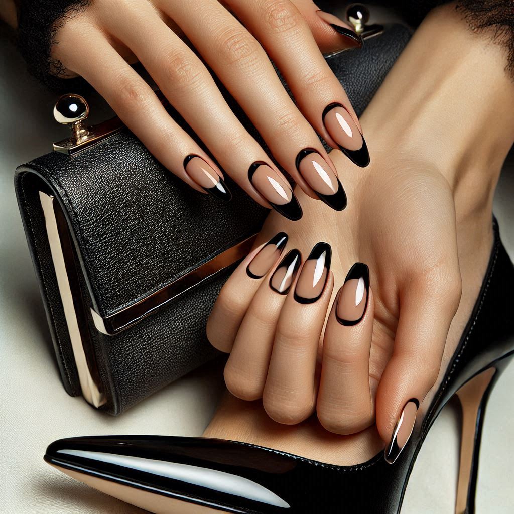 Elegant Black-Tipped French Nails