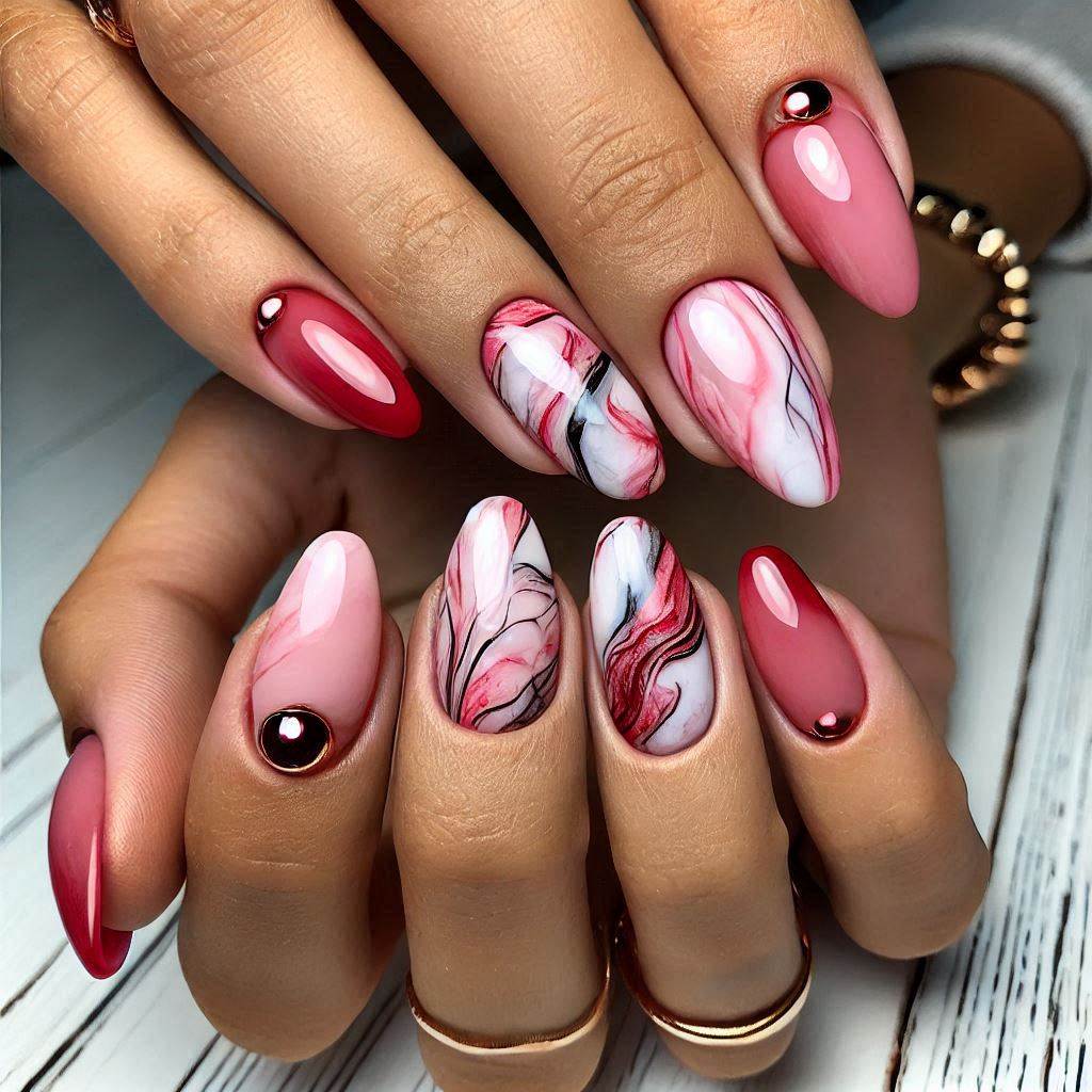 Gel Pink and Red Marble Nails