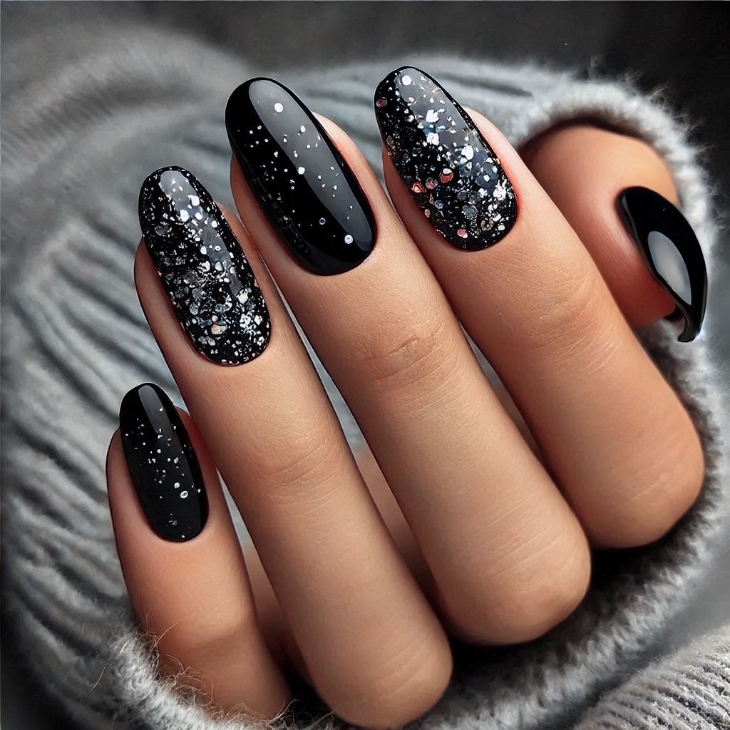 Black short nails with silver glitter