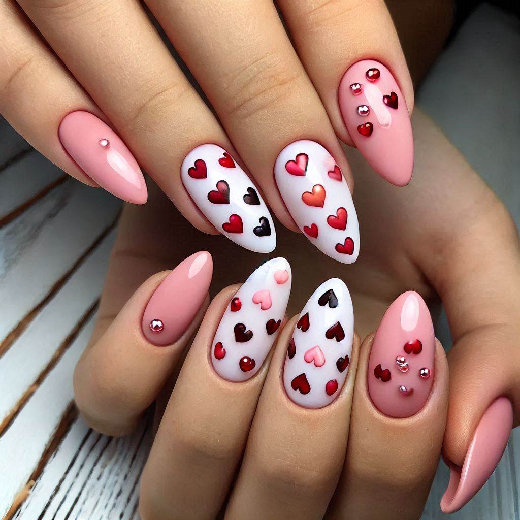 Pink and Red Hearts on Almond Nails