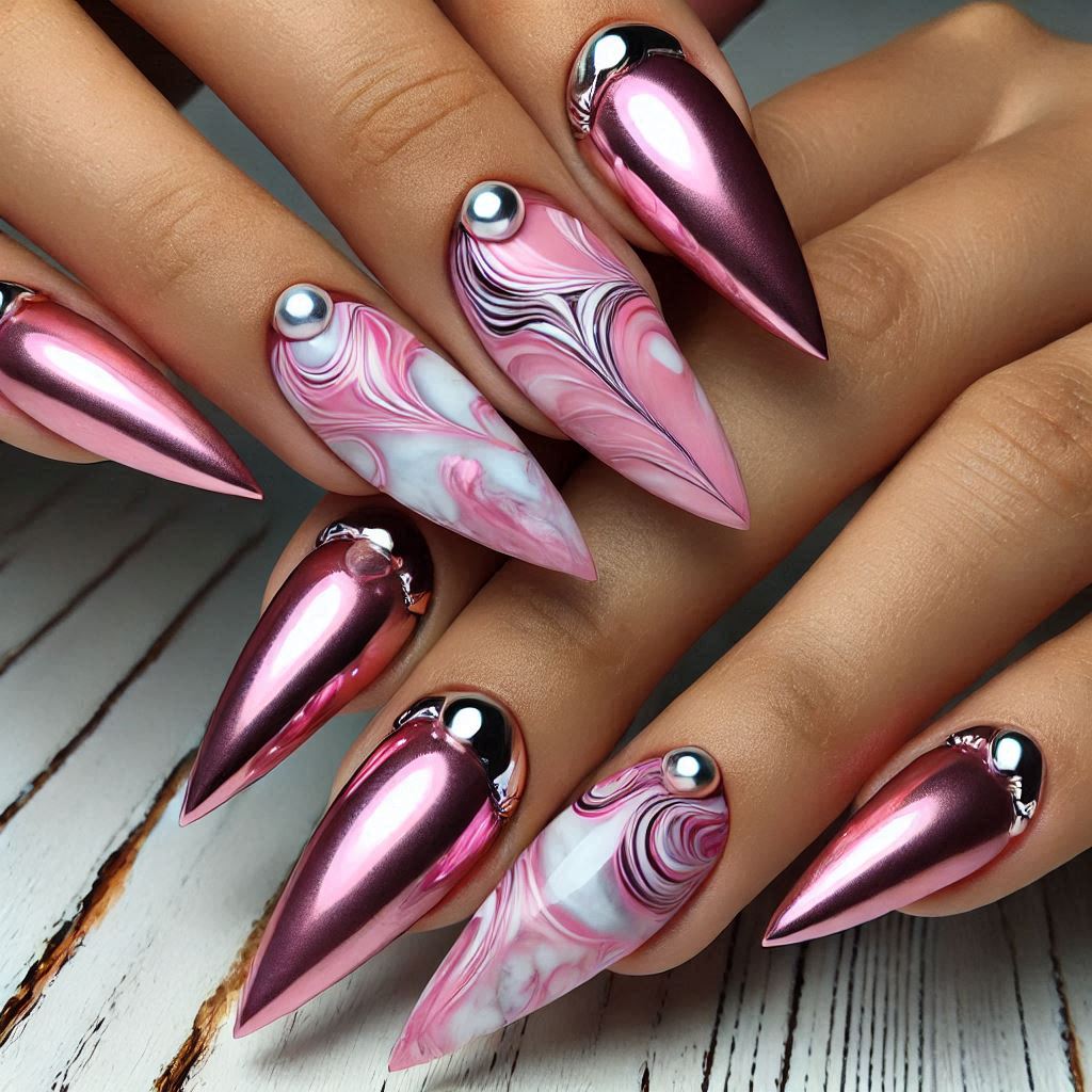 Pink Chrome Marble Nails