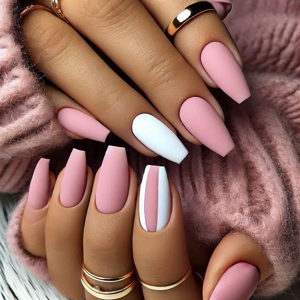 Simple White and Pink Matte Nails