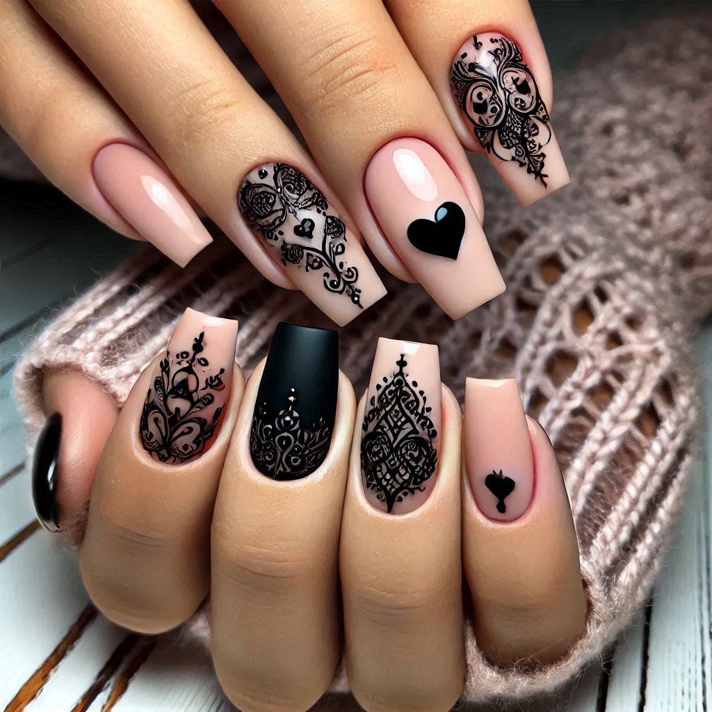 Nude and Black Acrylic Square Nails