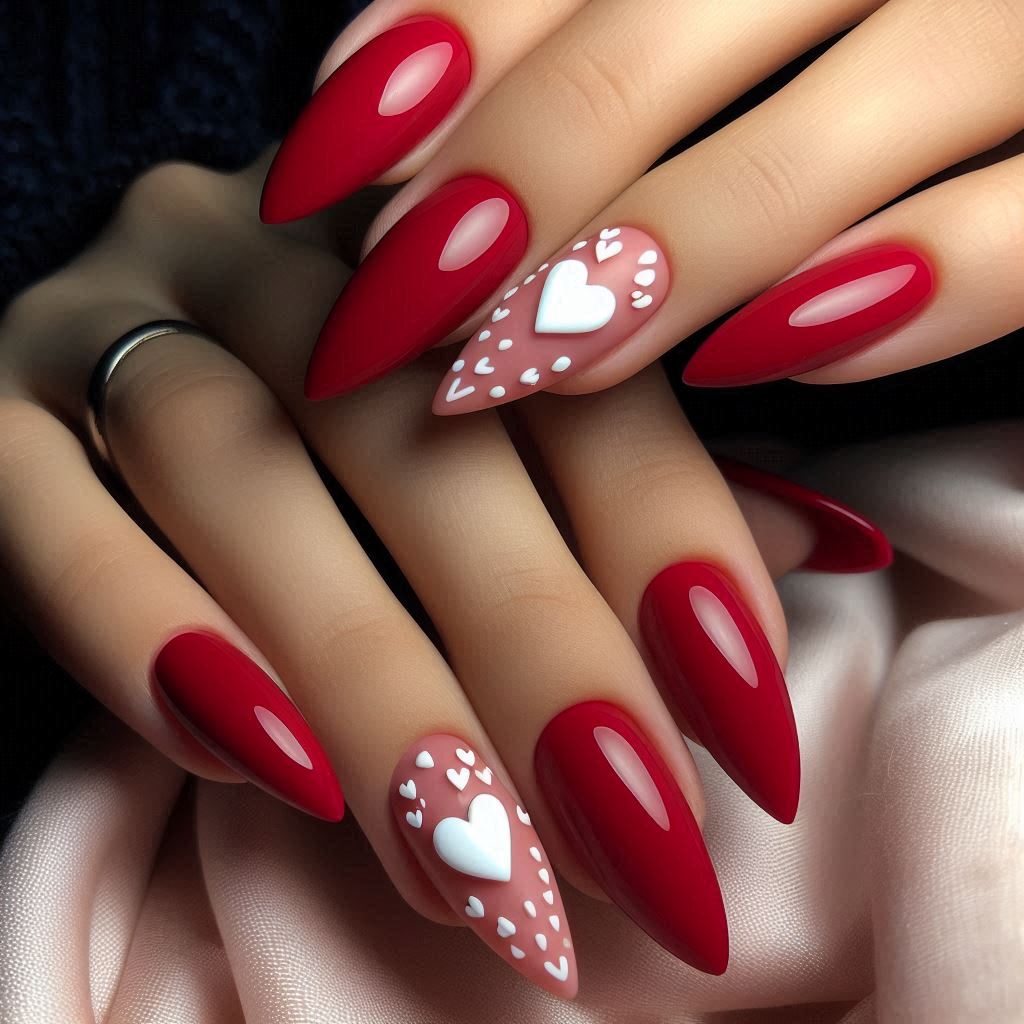 Short Almond Red Nails with White Hearts