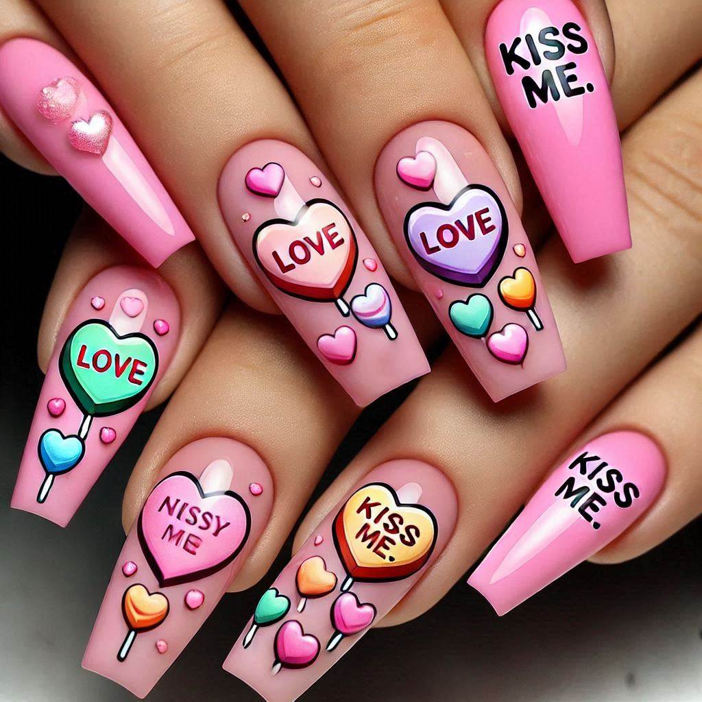 Candy Conversation Heart Pink Nails