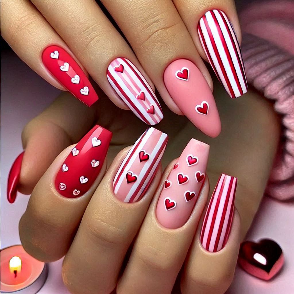 Red and Pink Striped Nails with Heart Accents