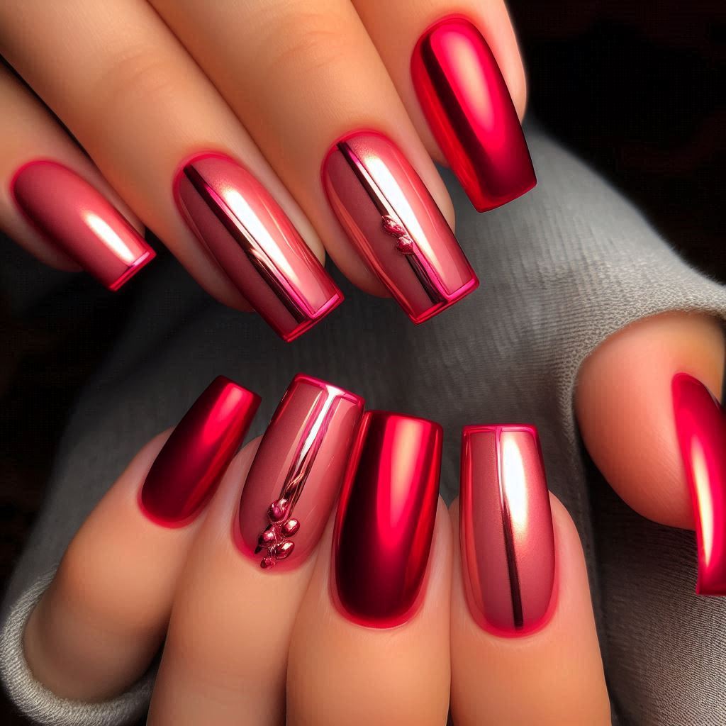 Red square nails with pink chrome accents