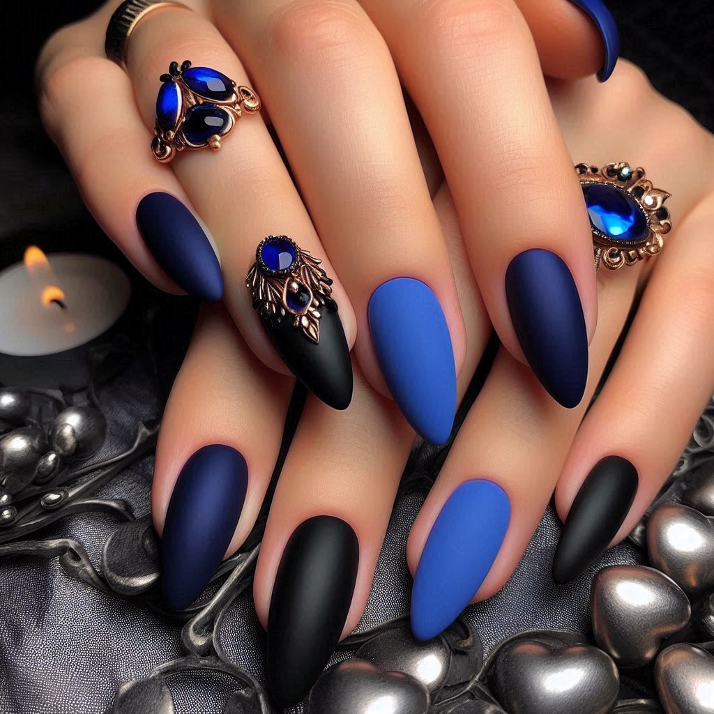 Royal Blue and Black Matte Nails