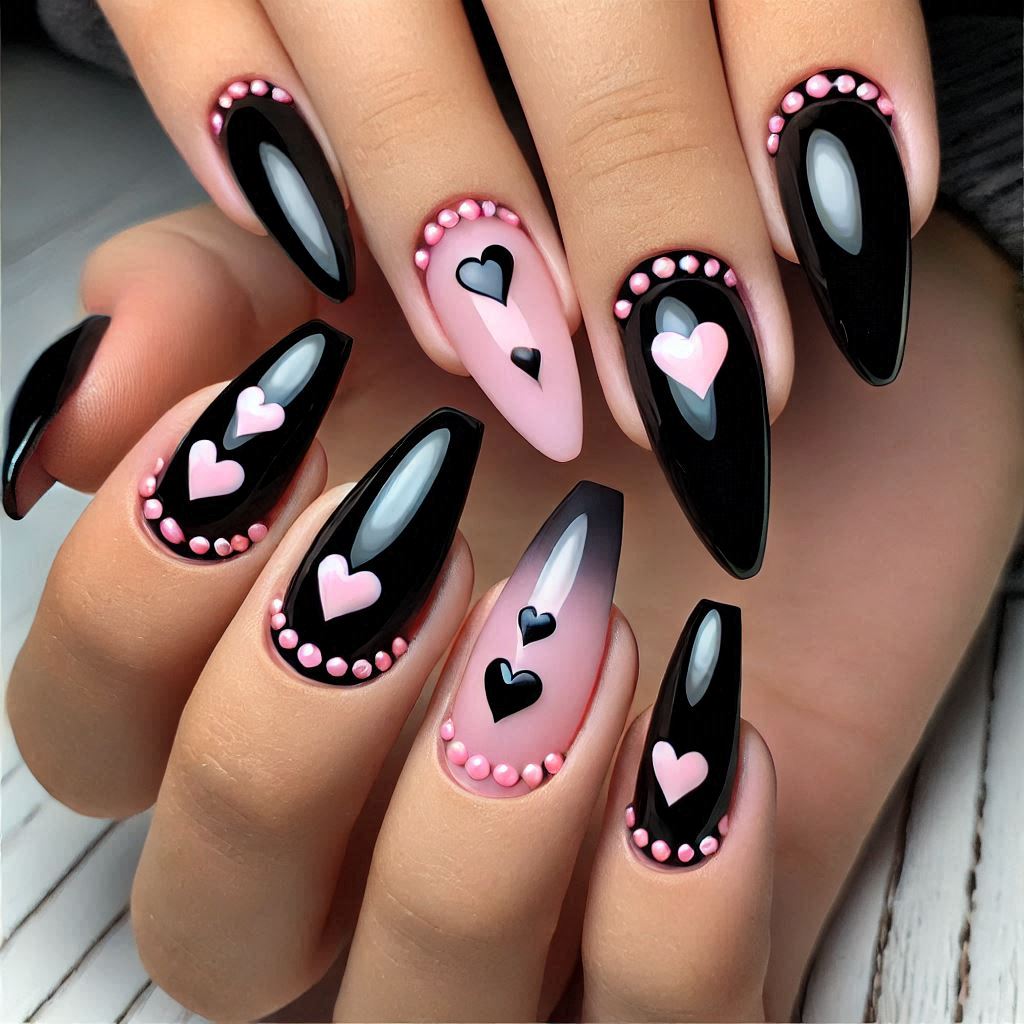 Black and Pink Heart Acrylic Nails
