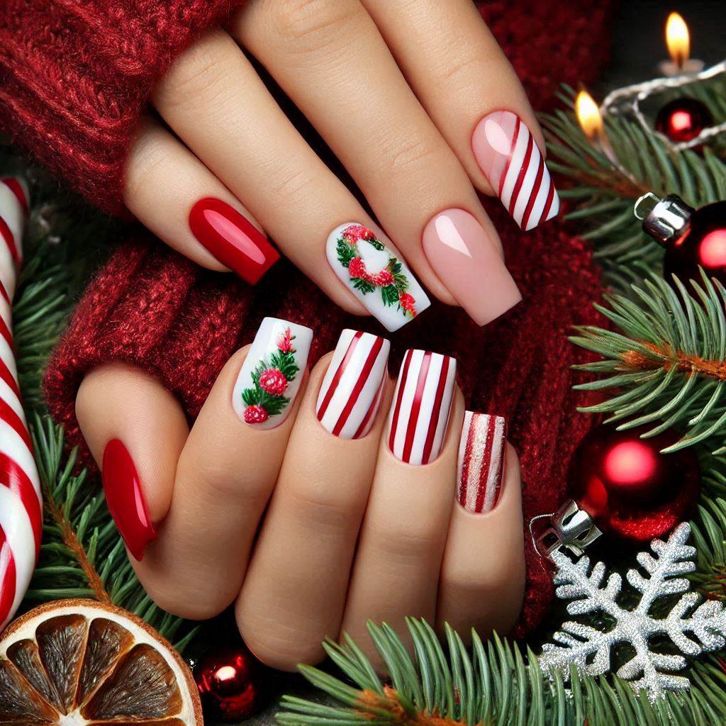 Christmas-Themed Candy Cane French Tips