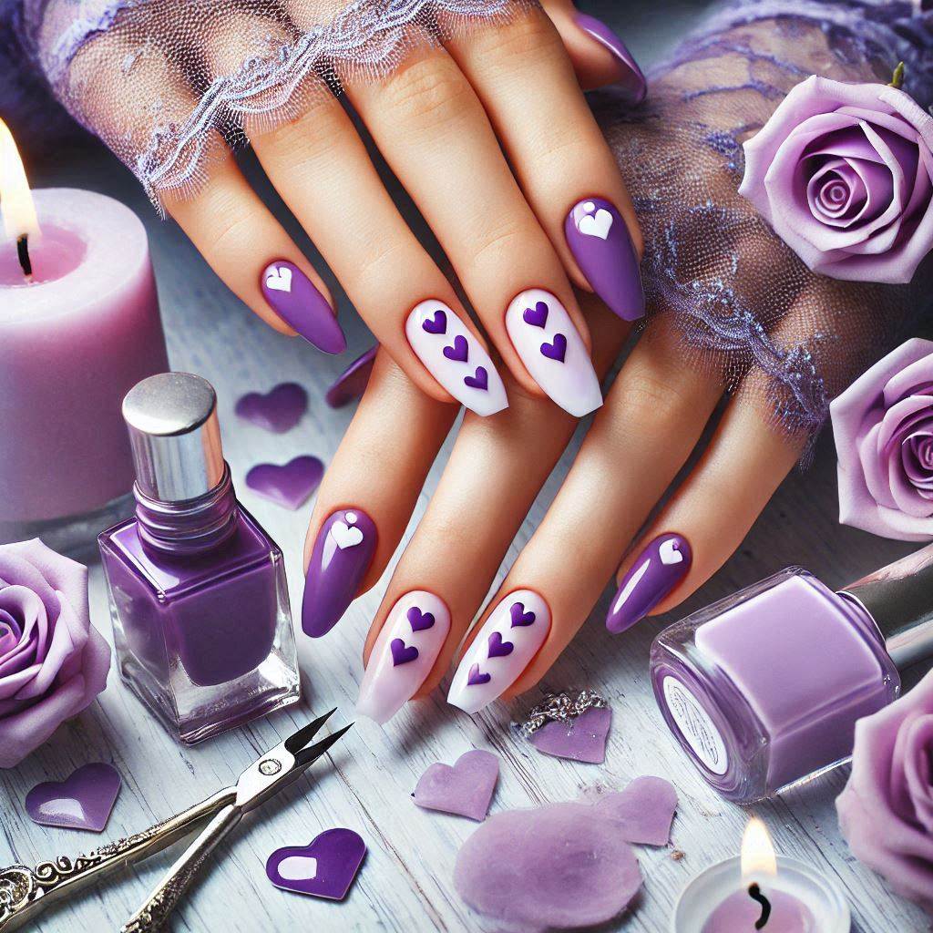 DIY Purple Gel Nails with Heart Accents