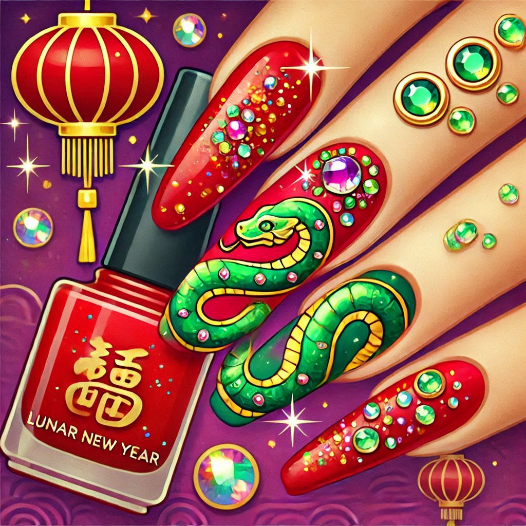 Red and Green Jewel Snake Nails